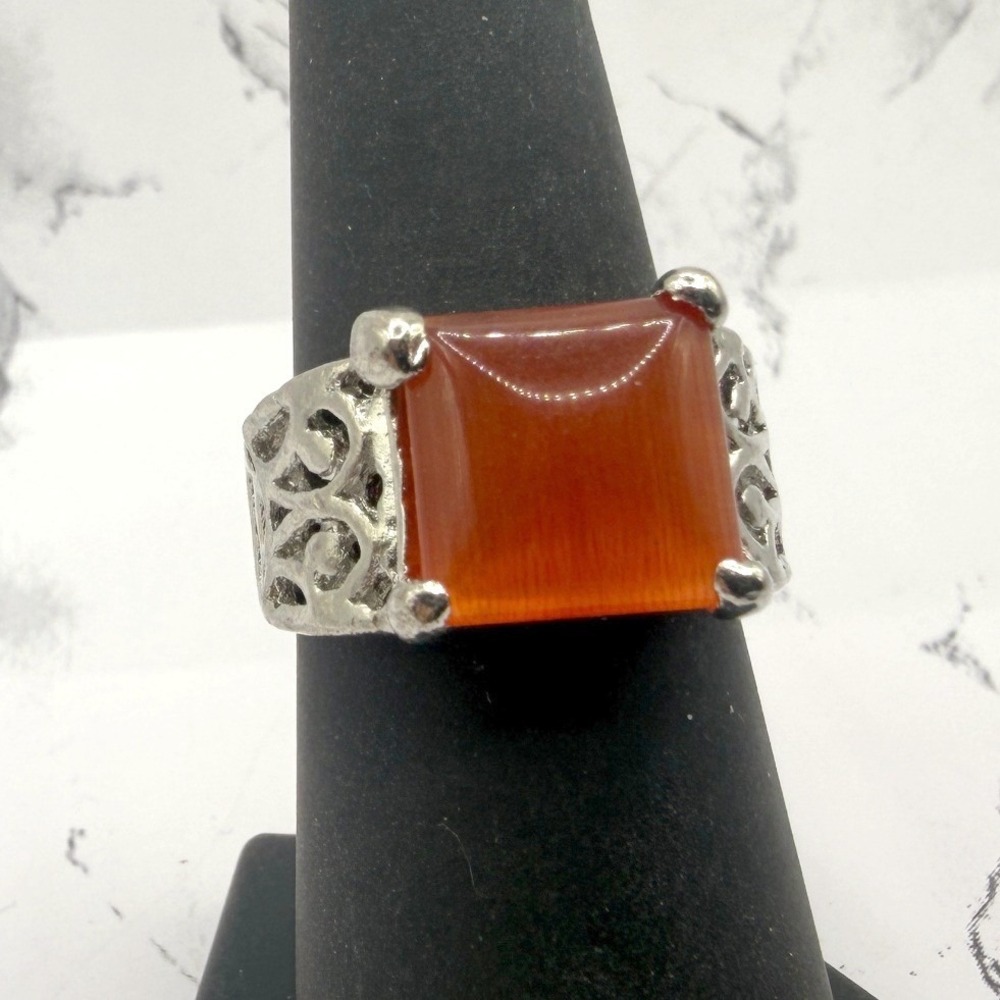 Orange Glass Cabochon Silver Tone Filigree Statement Ring Size 7
